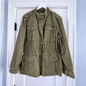 Women's Gap Army Green Utility Jacket Size Large Button Zipper Cinch Closure EUC